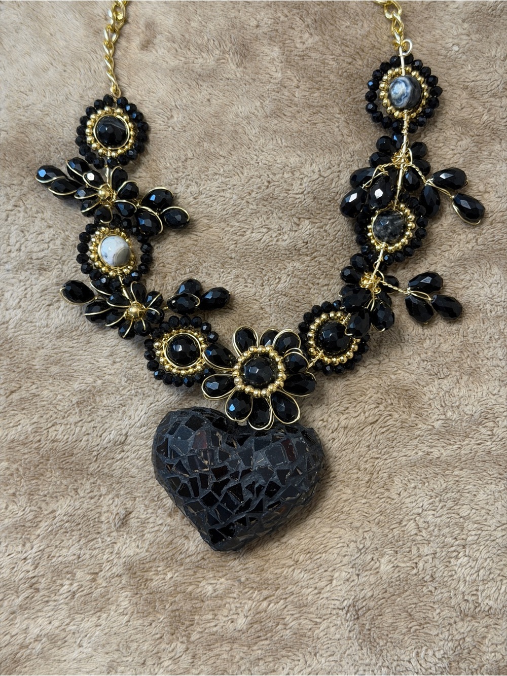 Black Mosaic Heart Statement Necklace - Gold Accent - Picture 2 of 3